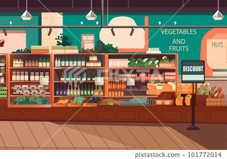 modern grocery shop interior supermarket with food product shelves racks with vegetables fruits and dairy drinks fridge 101772014