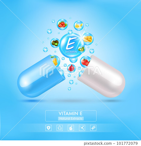 Vitamin E float away from capsule blue. Fruit and vegetable food that neutralize free radicals. With chemical formula. Anti aging beauty enhancement concept and health care. 3D vector. Vitamin E float away from capsule blue. Fruit and vegetable food that neutralize free radicals. With chemical formula. Anti aging beauty enhancement concept and health care. 3D vector. 101772079