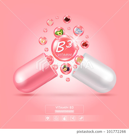 Vitamin B3 float away from capsule pink. Fruit and vegetable food that neutralize free radicals. With chemical formula. Anti aging beauty enhancement concept and health care. 3D vector. Vitamin B3 float away from capsule pink. Fruit and vegetable food that neutralize free radicals. With chemical formula. Anti aging beauty enhancement concept and health care. 3D vector. 101772266