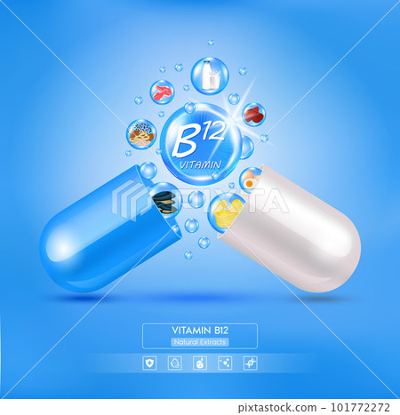 Vitamin B12 float away from capsule blue. Fruit and vegetable food that neutralize free radicals. With chemical formula. Anti aging beauty enhancement concept and health care. 3D vector. 101772272