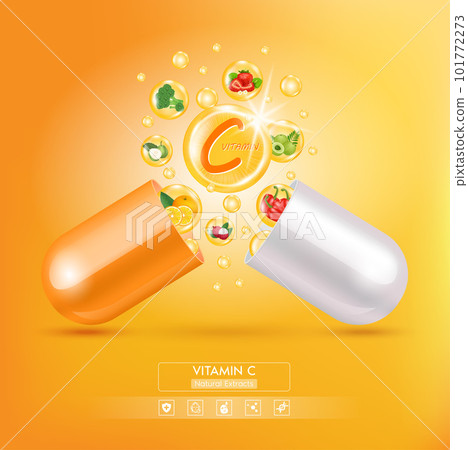 Vitamin C float away from capsule orange. Fruit and vegetable food that neutralize free radicals. With chemical formula. Anti aging beauty enhancement concept and health care. 3D vector. 101772273