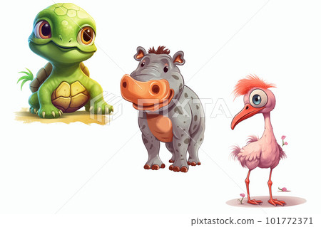 Safari Animal set turtle, hippopotamus, flamingo in 3d style. Isolated vector illustration 101772371