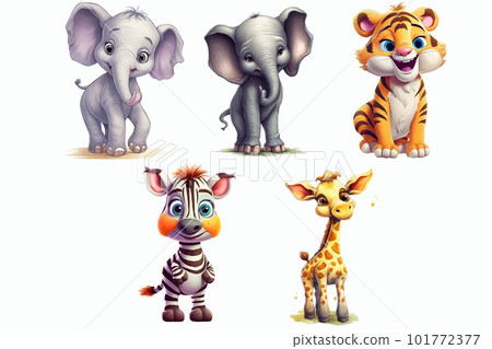 Safari Animal set Giraffe, elephants, lion, zebra in 3d style. Isolated vector illustration 101772377