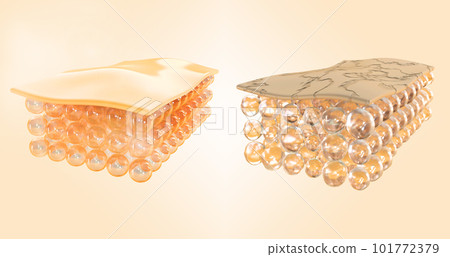 Structure of healthy and damaged skin, normal and dry 3d render set. Treatment, repair and renewal of facial skin of cosmetic cream, cleaning, peeling or laser. Skin layers with cells. 3D illustration Structure of healthy and damaged skin, normal and dry 3d render set. Treatment, repair and renewal of facial skin of cosmetic cream, cleaning, peeling or laser. Skin layers with cells. 3D illustration 101772379