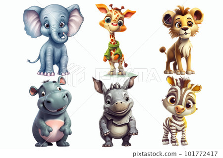 Safari Animal set elephant, giraffe, lion, hippo, rhinoceros, zebra in 3d style. Isolated vector illustration 101772417