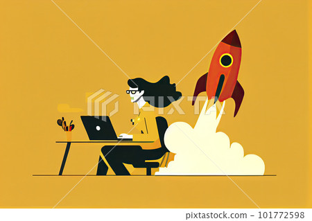 Woman working on startup vector illustration. Lady using laptop for work idea flat style. Rocket as symbol Woman working on startup vector illustration. Lady using laptop for work idea flat style. Rocket as symbol 101772598