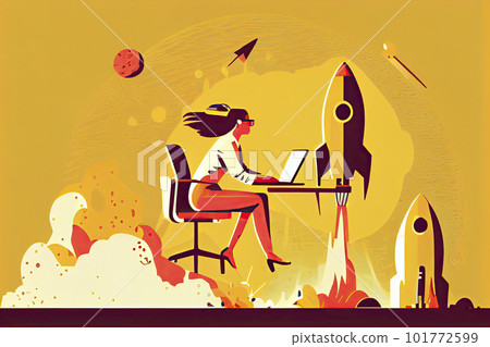 Woman working on startup vector illustration. Lady using laptop for work idea flat style. Rocket as symbol 101772599