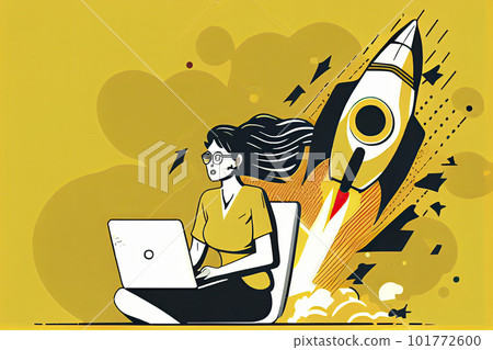 Woman working on startup vector illustration. Lady using laptop for work idea flat style. Rocket as symbol Woman working on startup vector illustration. Lady using laptop for work idea flat style. Rocket as symbol 101772600