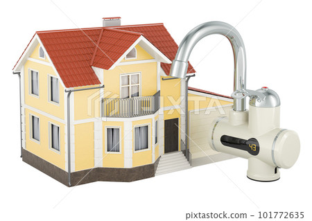 Instant electric hot water heater with home, 3D rendering 101772635