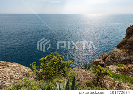Rocky Coast and Mediterranean Sea - Portofino Genoa Liguria Italy Rocky Coast and Mediterranean Sea - Portofino Genoa Liguria Italy 101772684
