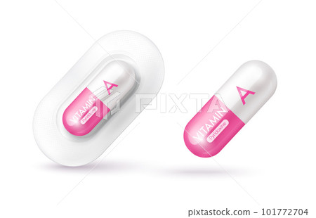 Pink vitamin A medicine capsule. Dietary supplement health neutralize free radicals. With chemical formula. Anti aging beauty enhancement concept and health care medical. 3D vector EPS10. Pink vitamin A medicine capsule. Dietary supplement health neutralize free radicals. With chemical formula. Anti aging beauty enhancement concept and health care medical. 3D vector EPS10. 101772704