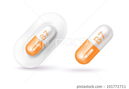Orange vitamin B7 medicine capsule. Dietary supplement health neutralize free radicals. With chemical formula. Anti aging beauty enhancement concept and health care medical. 3D vector EPS10. Orange vitamin B7 medicine capsule. Dietary supplement health neutralize free radicals. With chemical formula. Anti aging beauty enhancement concept and health care medical. 3D vector EPS10. 101772711