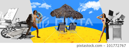 Dreaming about summer vacation. Business people, employees looking forward for holidays on beach near ocean. Contemporary art collage. Dreaming about summer vacation. Business people, employees looking forward for holidays on beach near ocean. Contemporary art collage. 101772767