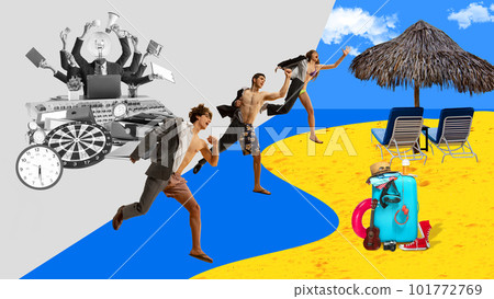 Motivated employees, office workers running out from office to summer vacation on beach near ocean. Contemporary art collage. Motivated employees, office workers running out from office to summer vacation on beach near ocean. Contemporary art collage. 101772769