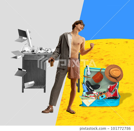 Young man, employee standing at summer beach, packing suits and fishing workings tasks. Contemporary art collage. 101772786