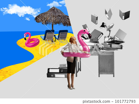 Office worker, business woman standing in swimming circle at work and dreaming about vacation on beach and ocean. Contemporary art collage. 101772793