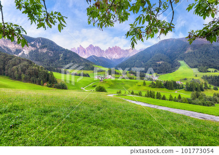Fabulous scene of magnificent Santa Maddalena village in Dolomites. 101773054