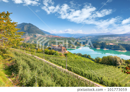 Fabulous  View of the Cles Castel, the Santa Giustina Lake and lots of apple plantations. 101773059