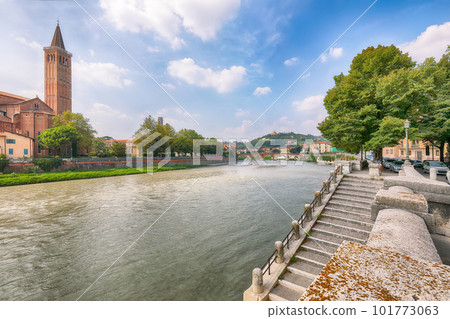 Amazing Verona cityscape view on the riverside with historical buildings and towers. Amazing Verona cityscape view on the riverside with historical buildings and towers. 101773063