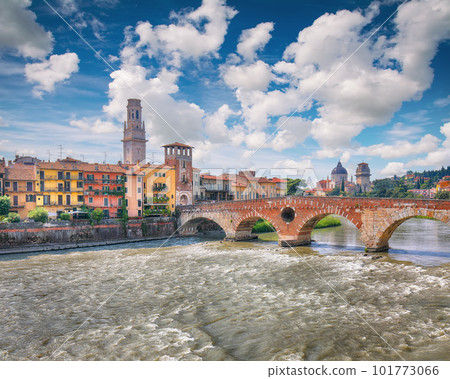 Amazing Verona cityscape view on the riverside with historical buildings ,bridges and tower Amazing Verona cityscape view on the riverside with historical buildings ,bridges and tower 101773066