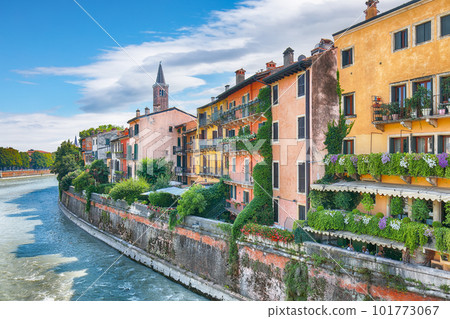 Amazing Verona cityscape view on the riverside with historical buildings and towers. Amazing Verona cityscape view on the riverside with historical buildings and towers. 101773067