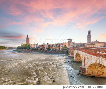 Amazing Verona cityscape view on the riverside with historical buildings and towers. 101773081