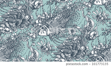 Beautiful vector seamless pattern with hand drawn graphic beautiful ornate sea animals and flowers Beautiful vector seamless pattern with hand drawn graphic beautiful ornate sea animals and flowers 101773135