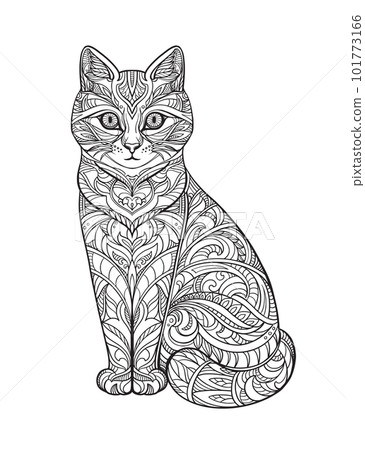 Vector illustration of hand drawn ornate cat in black and white graphic doodle stile. Vector illustration of hand drawn ornate cat in black and white graphic doodle stile. 101773166