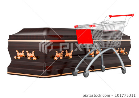 Wooden coffin with shopping cart, 3D rendering Wooden coffin with shopping cart, 3D rendering 101773311