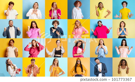 Collage with young ethnically diverse people, men and women expressing different emotions over yellow and blue studio background. Surprise, joy 101773367