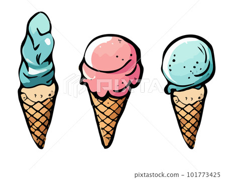 Set of Melting ice cream balls in the waffle cone isolated. Vector flat outline icon. Comic character in cartoon style illustration for t shirt design 101773425