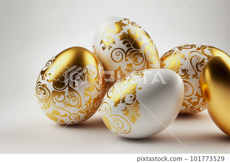 Golden ornate Easter eggs on uniform background. Stylish Easter concept. Generative AI 101773529