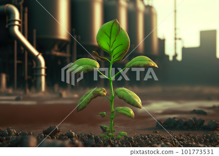 Green sprout in heavy industry polluted area. Concept of strength of life Generative AI 101773531