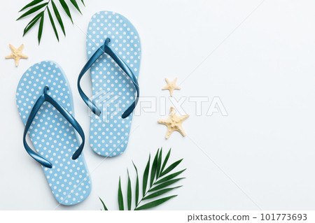 Flat lay composition with flip flops and seashell on colored background. Space for text top view 101773693