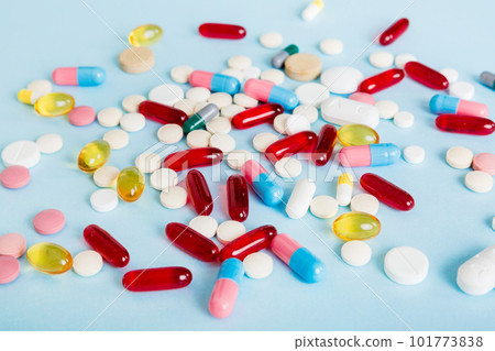 Many different colorful medication and pills perspective view. Set of many pills on colored background Many different colorful medication and pills perspective view. Set of many pills on colored background 101773838