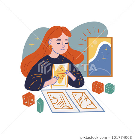 Young girl lays out tarot cards. The concept of divination, numerology Young girl lays out tarot cards. The concept of divination, numerology 101774008