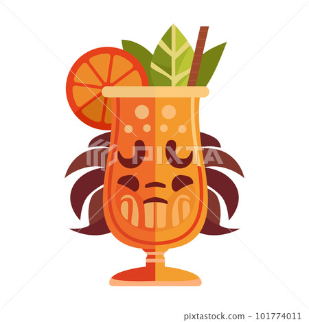 Tiki exotic cocktail in mug with Tiki mask. Hawaiian traditional elements 101774011