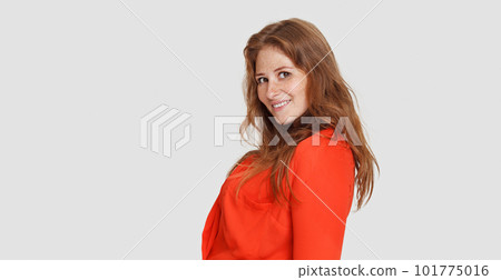 Portrait of happy pretty healthy woman with long red hair and makeup on white 101775016