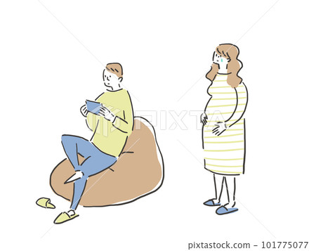A pregnant woman who sheds tears, a man looking at a smartphone, a couple 101775077