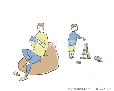 玩積木和玩具的男孩，看智能手機的男人，父親 101775078