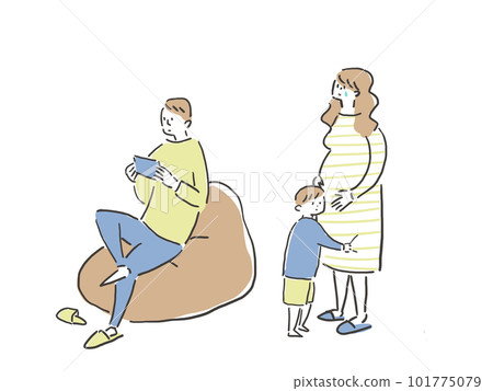 一個哭泣的孕婦、一個依偎的孩子和一個看著他的智能手機的男人。 101775079