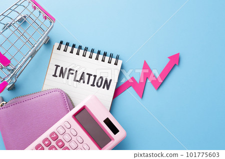 Inflation and consumer price increasing concept with pink purse, calculator and shopping cart on blue background 101775603