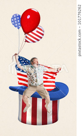 Happy, senior man sitting on hat and holding air balloons with american flag. Celebration of independence day. Contemporary art collage. Vertical layout. Happy, senior man sitting on hat and holding air balloons with american flag. Celebration of independence day. Contemporary art collage. Vertical layout. 101776262
