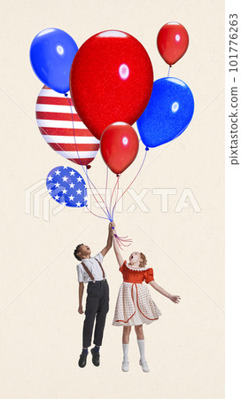 Happy kids, children flying on air balloon with american flag pattern. Celebration of independence day. Contemporary art collage. Vertical layout. Happy kids, children flying on air balloon with american flag pattern. Celebration of independence day. Contemporary art collage. Vertical layout. 101776263