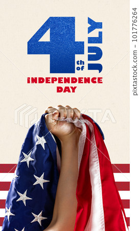 Male hand, fist raising up with american flag. Celebration of usa independence day. Contemporary art collage. Vertical layout. Male hand, fist raising up with american flag. Celebration of usa independence day. Contemporary art collage. Vertical layout. 101776264