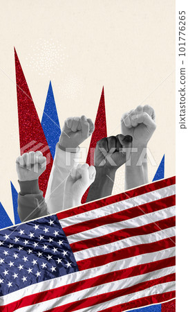Human fistis raising up over american flag and celebrating independence day. Proud citizens. Contemporary art collage. Vertical layout. Human fistis raising up over american flag and celebrating independence day. Proud citizens. Contemporary art collage. Vertical layout. 101776265