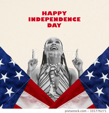 Positive, smiling, happy young woman standing over american flags, celebrating independence day. Contemporary art collage. Positive, smiling, happy young woman standing over american flags, celebrating independence day. Contemporary art collage. 101776271