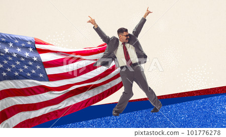 Emotional, happy and excited businessman in formal wear making crazy dance over american flag, celebrating independence day. Contemporary art collage. 101776278