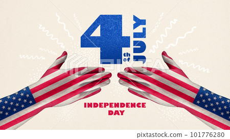 Male hands in american flag colors reaching each other to shake and celebrate independence day of america. Contemporary art collage. 101776280