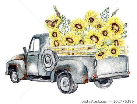 Watercolor composition with sunflowers and farm car. Butterflies in cartoon style.Hand drawn illustration of summer. Perfect for scrapbooking, kids design, wedding invitation,posters, greetings cards. 101776399